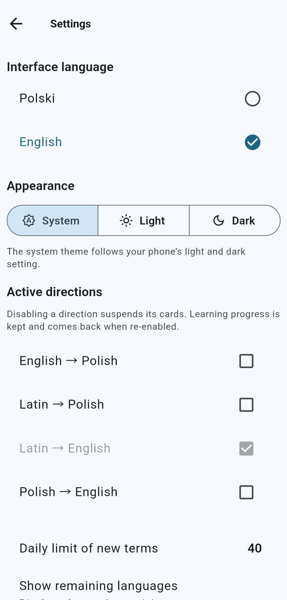 Settings: interface language, light and dark theme, active study directions and the daily limit of new terms
