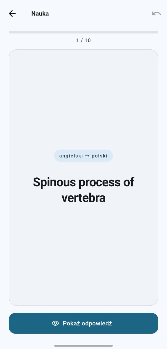 Fiszka z pytaniem: termin angielski „Spinous process of vertebra” i przycisk Pokaż odpowiedź