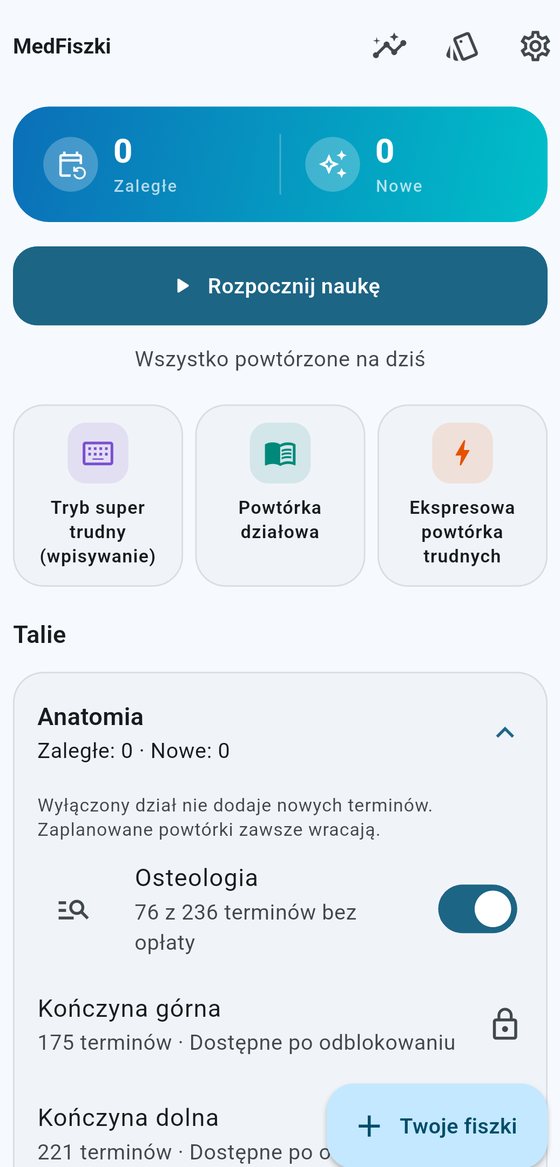 Ekran główny MedFiszek z licznikiem zaległych i nowych terminów, przyciskiem „Rozpocznij naukę” i listą działów talii Anatomia