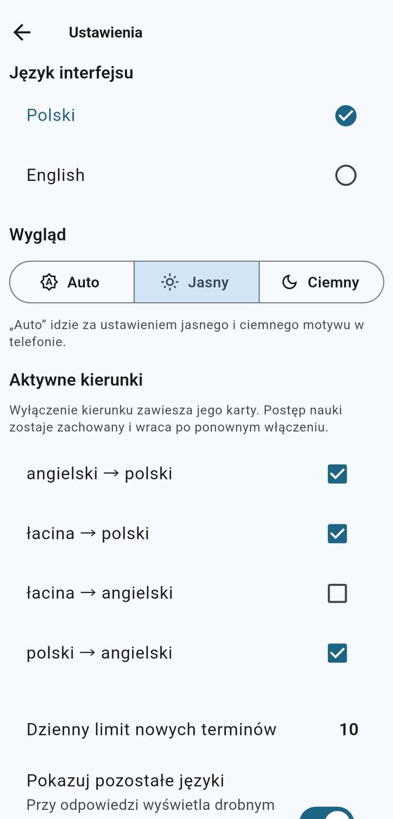 Ustawienia: język interfejsu, motyw jasny i ciemny, aktywne kierunki nauki i dzienny limit nowych terminów